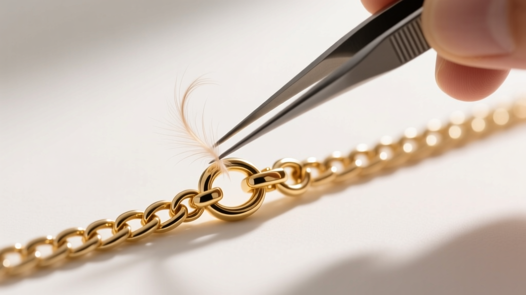 Macro shot of a delicate gold rolo chain and lobster clasp showing a pet hair being carefully extracted using fine-tipped tweezers