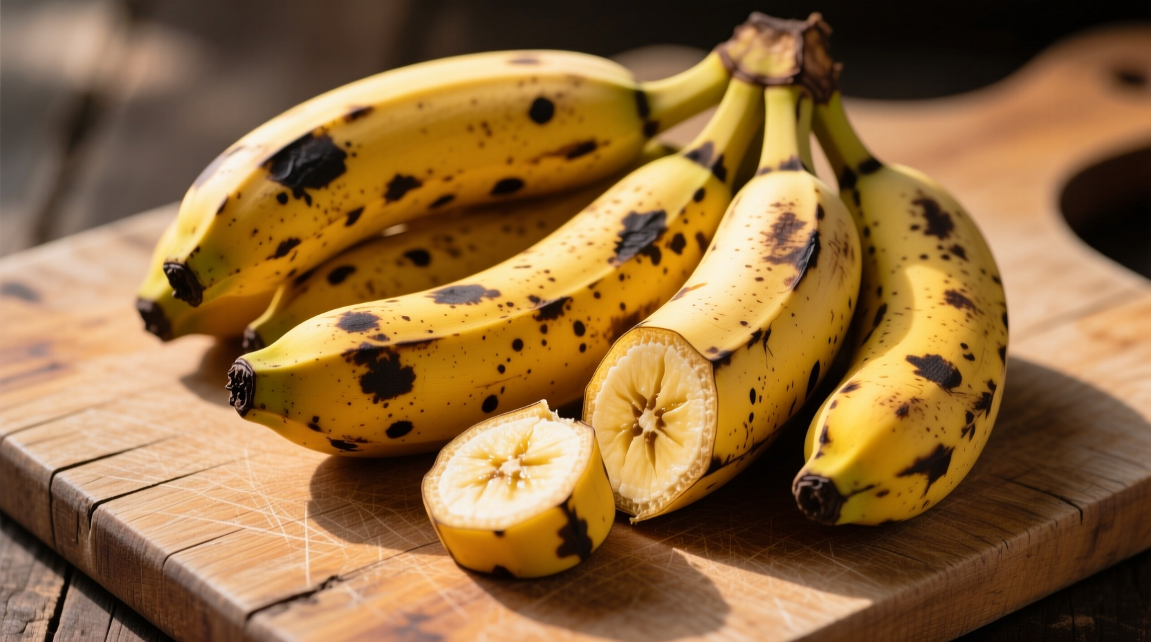 Ripe yellow plantains with black spots on wooden cutting board