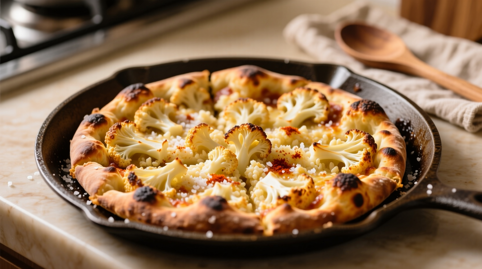 Crispy golden cauliflower pizza crust on baking sheet