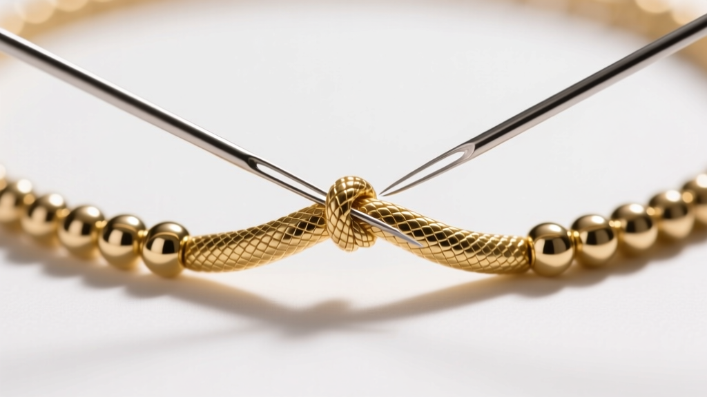 Two fine sewing needles working apart a tight knot in a delicate gold snake bead necklace from a top-down macro perspective.