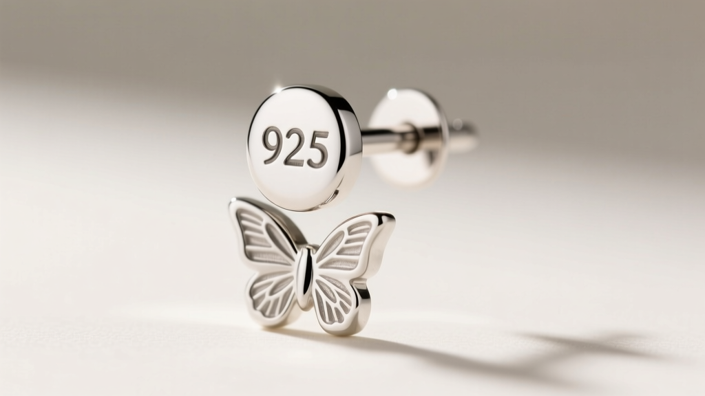 Close-up of a 20-gauge earring post stamped 925, showing rhodium plating and a butterfly backing under bright studio light.