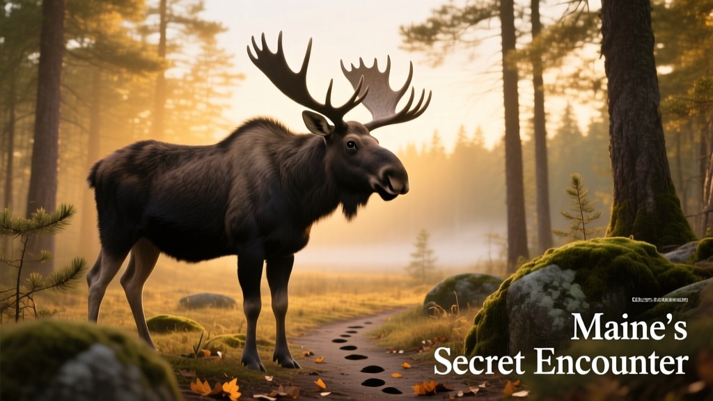 A moose standing calmly in a forest clearing, facing a person just out of frame