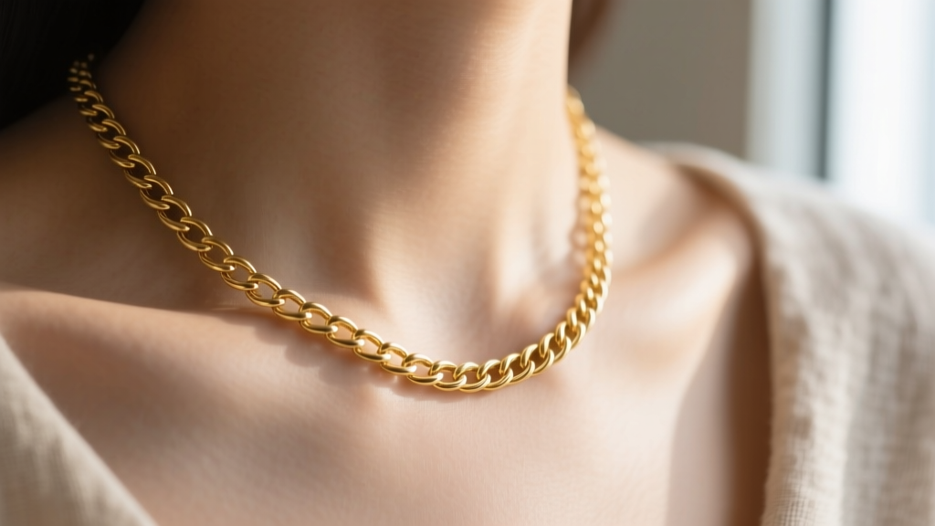 Close-up of a delicate 16-inch 14k gold cable chain resting perfectly on a collarbone, illuminated by soft, warm natural lighting.