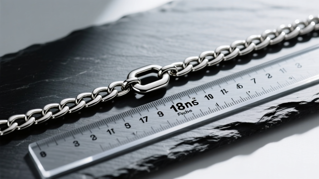 Overhead shot of a silver figaro chain laid flat on dark slate, measured with a clear acrylic ruler showing exactly 18 inches.