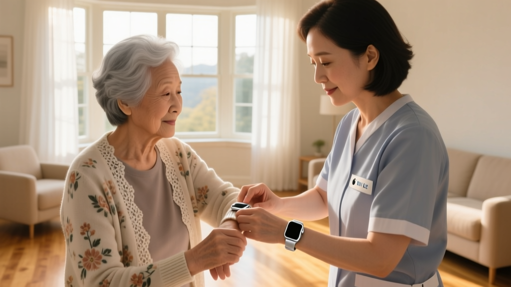 Caregiver gently helping an elderly woman with dementia fasten an Apple Watch SE LTE on her wrist in a sunlit living room