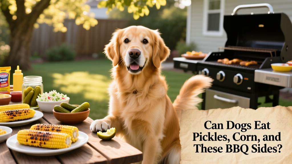 A cheerful golden retriever sitting near a backyard barbecue setup with plates of food nearby