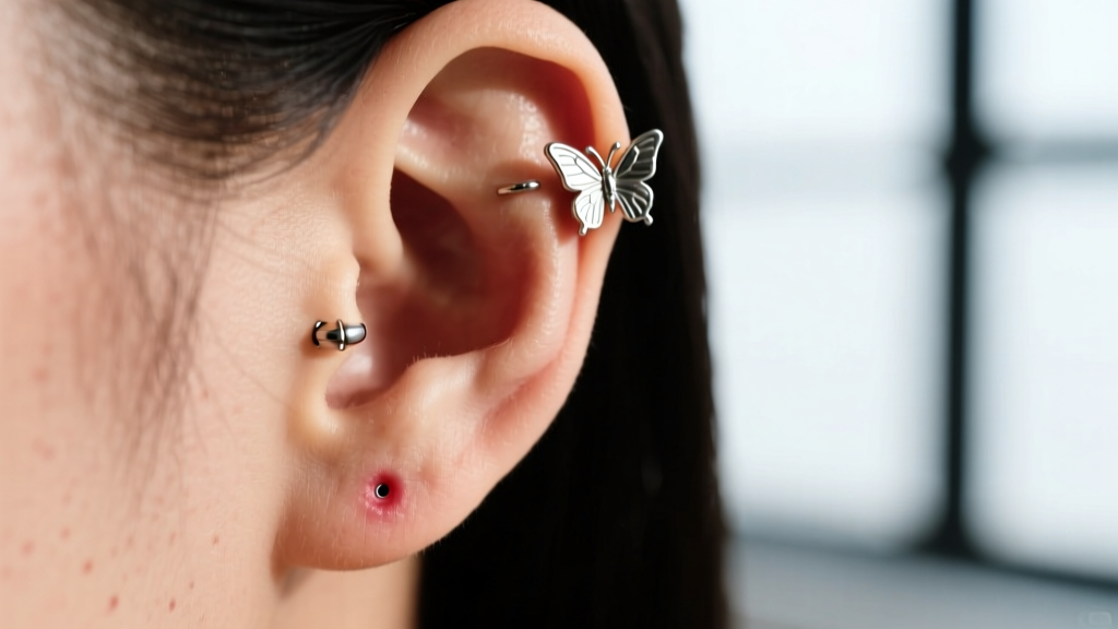 Side profile of an earlobe with a swollen piercing, showing an 18-gauge butterfly clutch earring slightly embedded in skin.