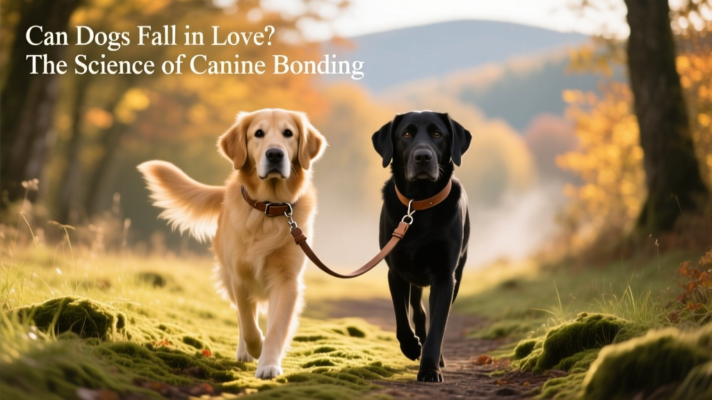 A pair of dogs walking side by side on a grassy trail, leashed but relaxed and in sync