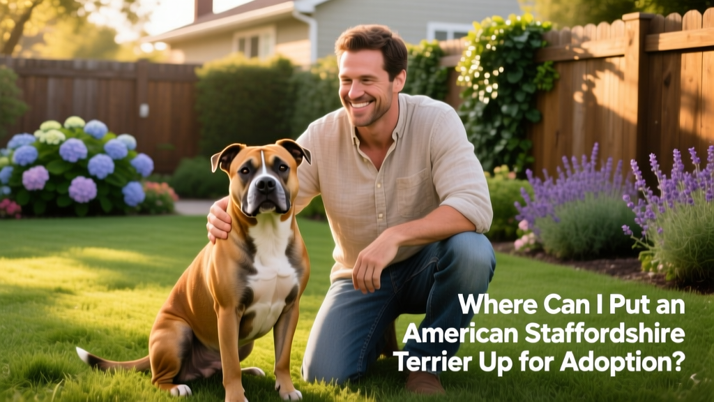 A calm, well-groomed American Staffordshire Terrier sitting beside a friendly adult in a sunny backyard