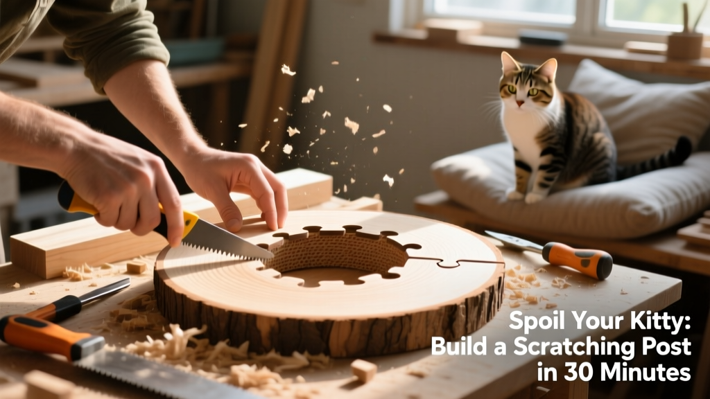 diy cat scratcher post step b cutting wood into a circle with a jigsaw