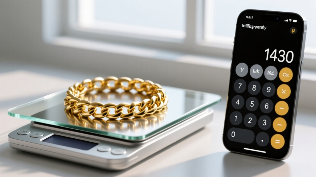 Close-up of a digital milligram scale weighing a thick 14k yellow gold Cuban link chain next to a smartphone calculator app.