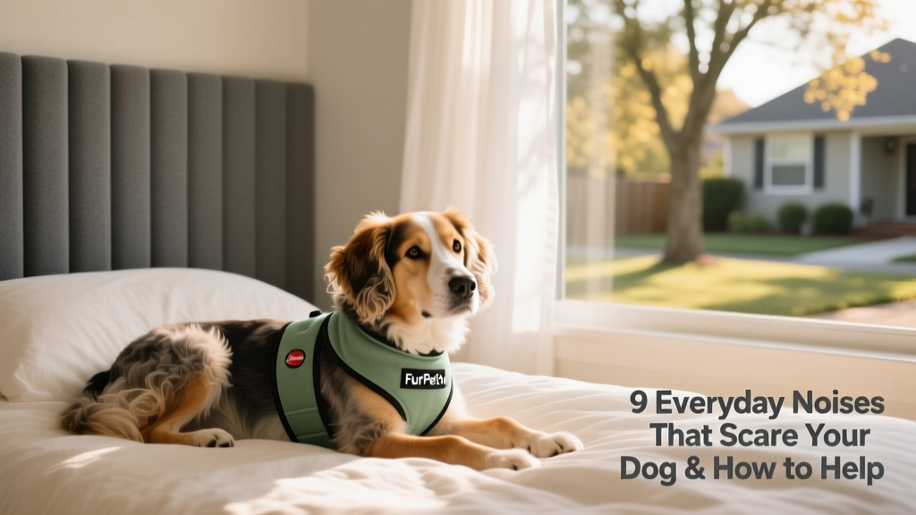 A relaxed dog wearing a FurPetVo anxiety wrap, resting on a soft bed beside a window with soft light and a visible sound-dampening panel on the wall