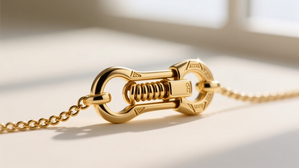 Macro shot of a 14k gold lobster clasp on a 1.5mm rolo chain, highlighting the secure spring mechanism and polished metal finish.
