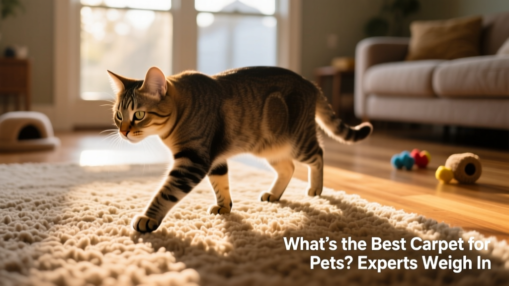 Close-up of a low-pile nylon carpet with a cat walking comfortably across it