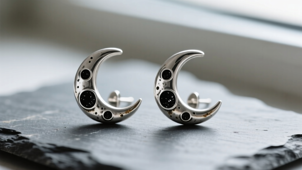 Macro shot of tarnished sterling silver crescent moon earrings on slate, showing black sulfur buildup in engraved lunar craters.