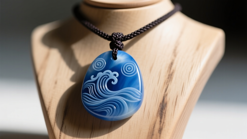 Close-up of a carved blue chalcedony Water Tribe pendant on a dark waxed cotton cord, resting on a wooden jewelry display bust.