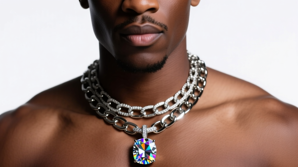 Profile of a man wearing a layered 12mm steel tennis chain and an iced out moissanite pendant under bright studio lights.