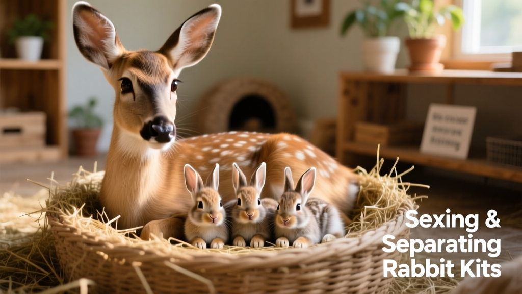A healthy doe with her litter of 4- to 6-week-old kits nestled in a clean nesting box
