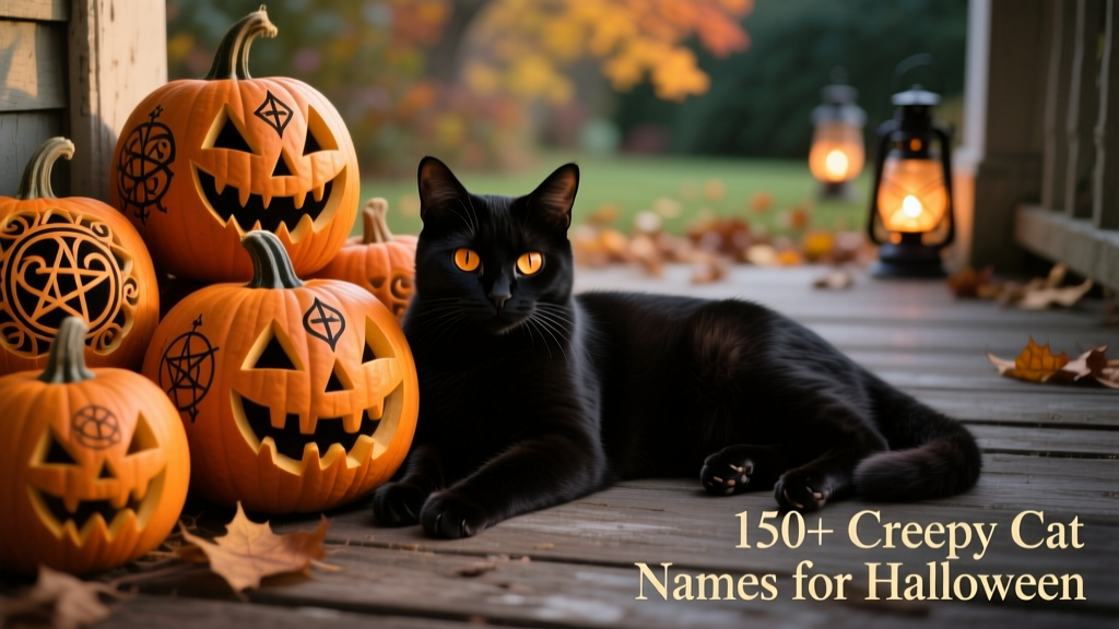 Black cat lounging beside carved pumpkins on a porch
