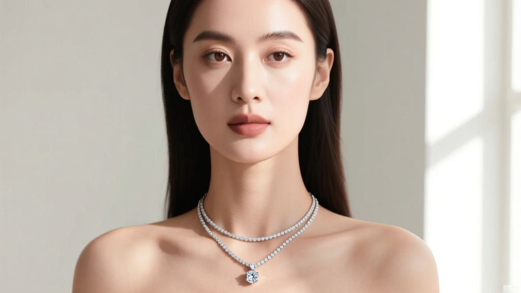 Profile of a woman wearing a platinum double necklace with a bezel diamond pendant, lit by bright, diffused natural window light