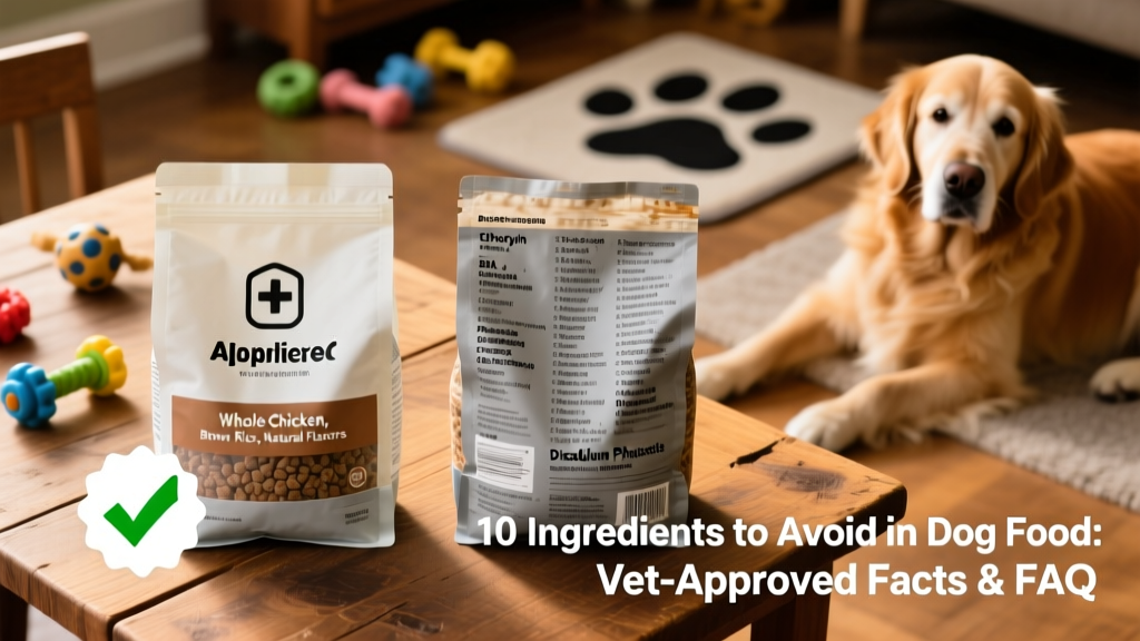 Side-by-side comparison of two dog food bags—one with clean, simple labeling; one with long, complex ingredient list full of unrecognizable terms