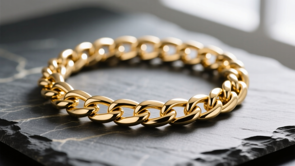 Close-up of solid 14k gold curb chain on slate, showing interlocking flat links and high polish under soft directional lighting.