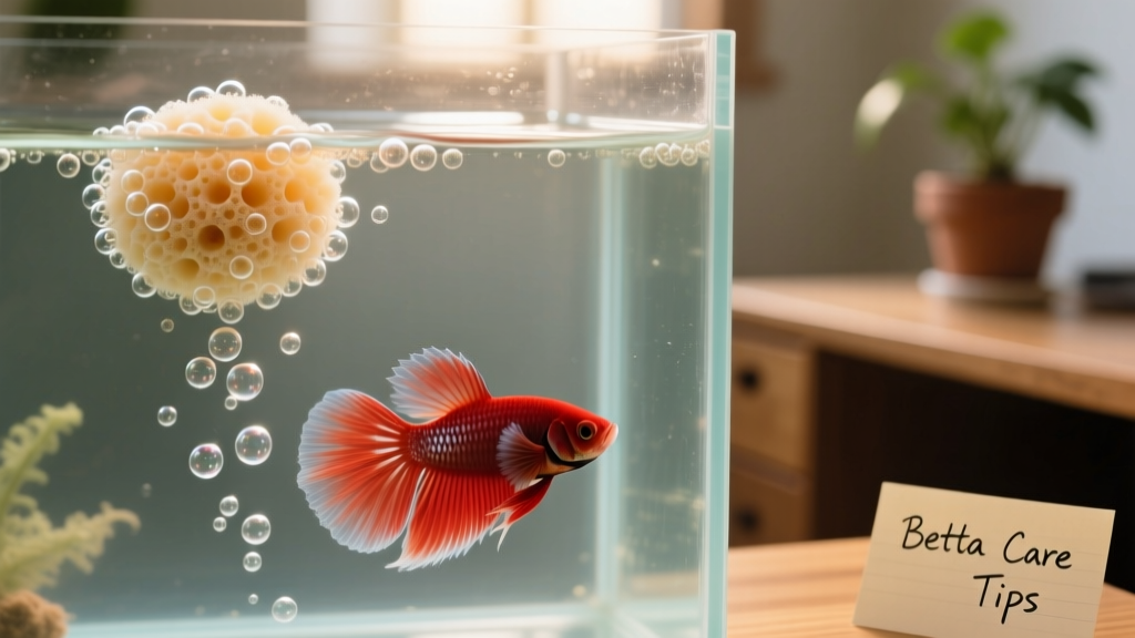 Sponge filter gently aerating a small betta tank with clear water and visible surface calmness