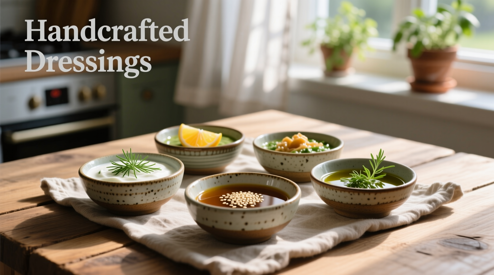 Homemade dressing variations in small bowls