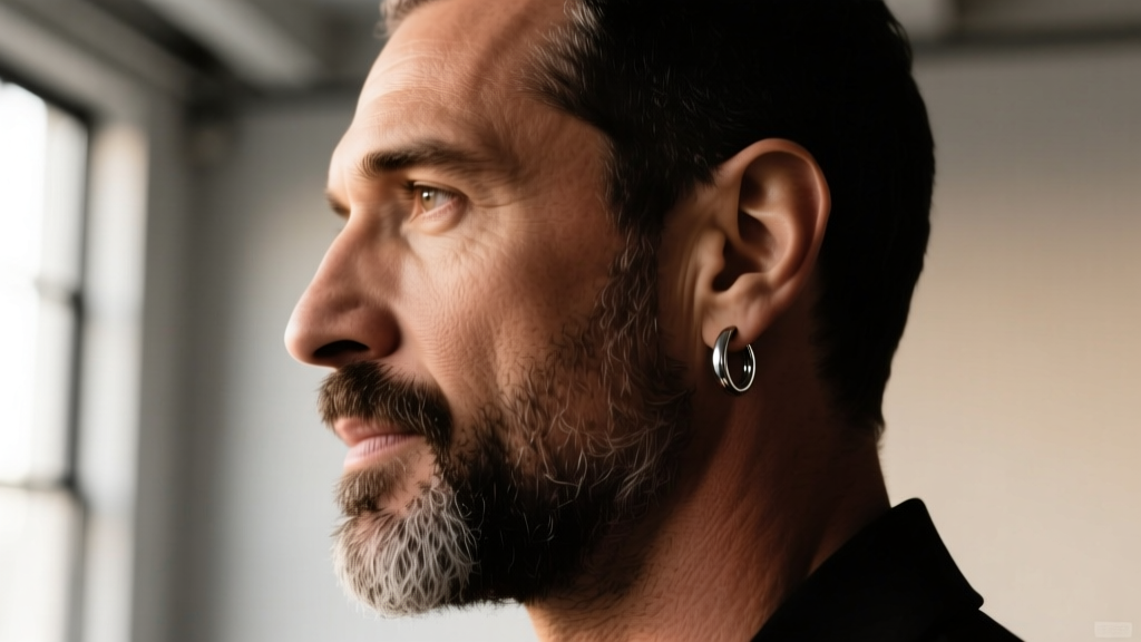Side profile of a bearded man with a square jawline wearing a 12mm silver hoop earring, soft natural window light, sharp focus