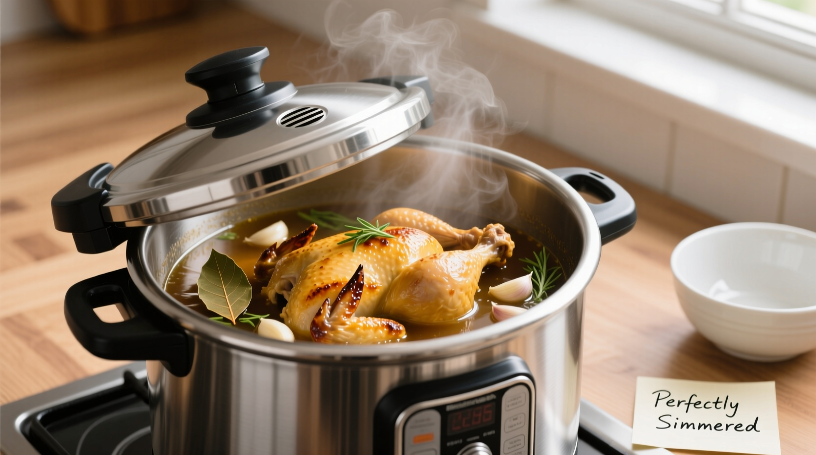 Pressure cooker with perfectly cooked chicken