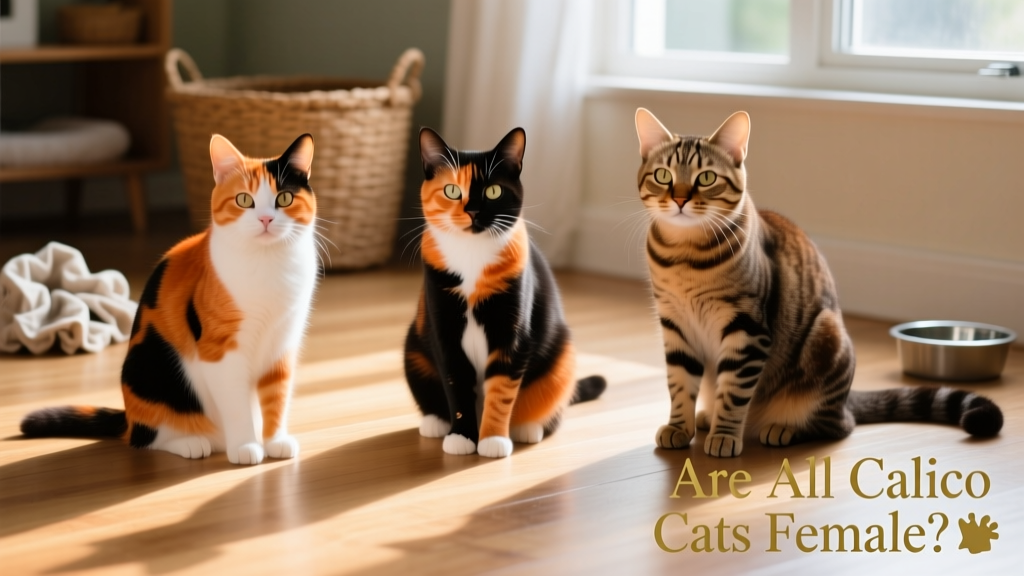 Side-by-side comparison showing a calico cat (distinct orange/black/white patches), a tortoiseshell cat (blended orange and black with minimal white), and a tabby cat (striped pattern in brown and cream)