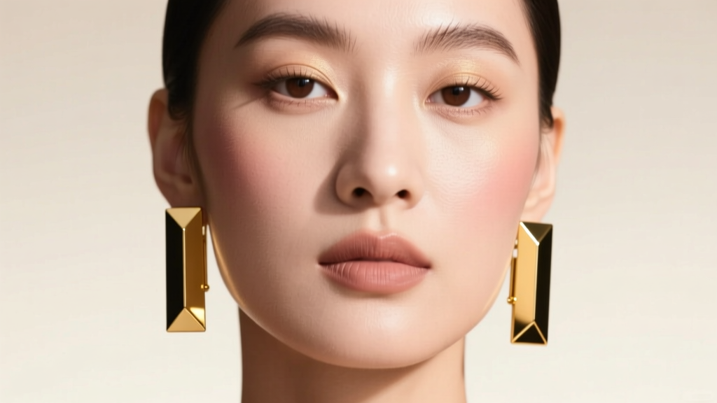 Close-up of a model wearing 14k solid gold rectangular drop earrings, soft studio lighting highlighting the sharp geometric edges