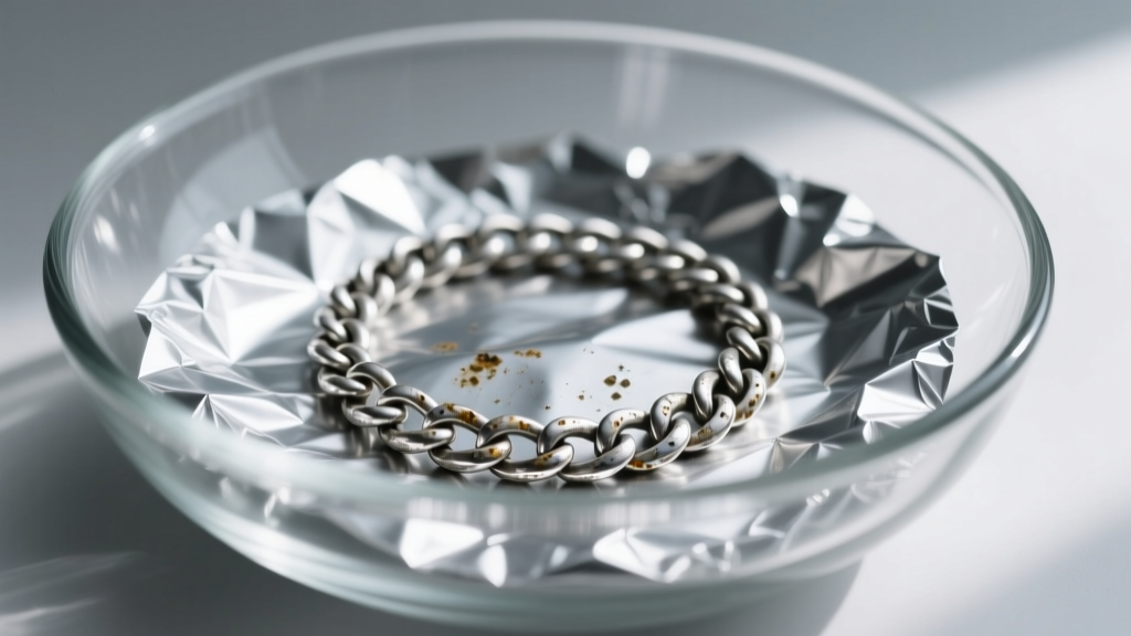 Macro shot of a tarnished sterling silver Cuban link necklace resting on crumpled aluminum foil inside a clear glass cleaning bowl
