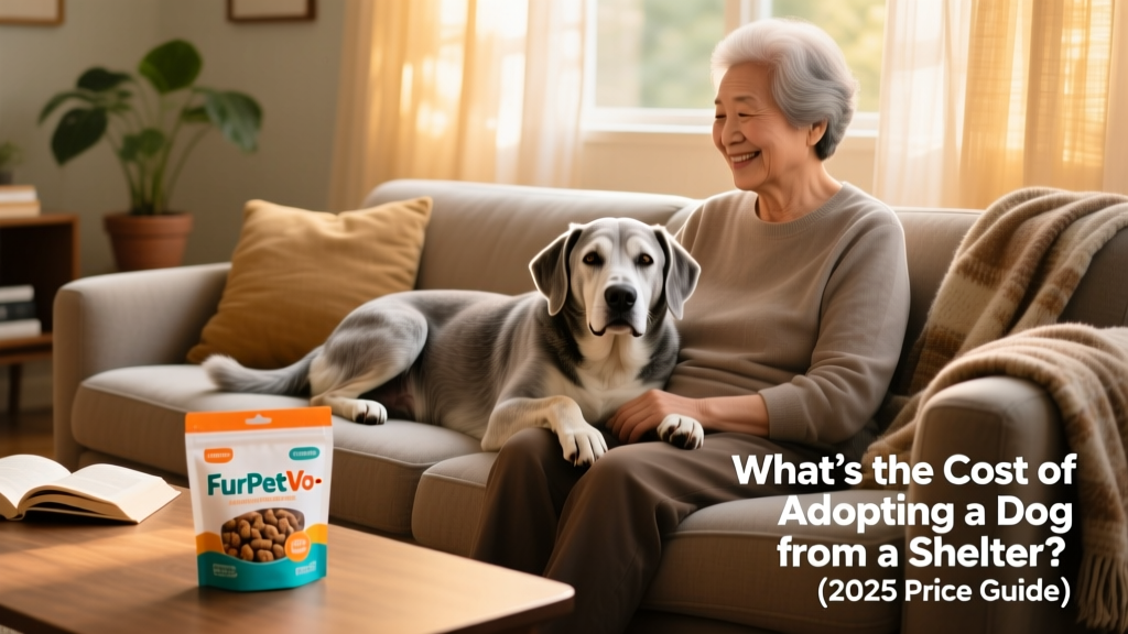 A happy senior dog resting calmly beside a supportive owner on a living room sofa, with a FurPetVo-branded treat pouch visible on the coffee table