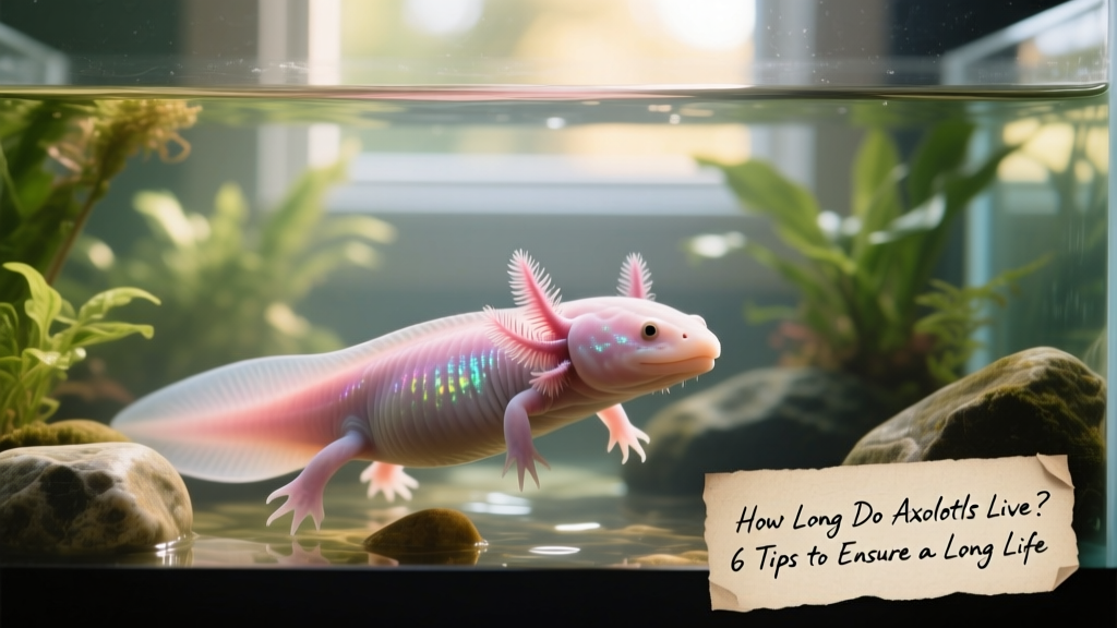 A close-up of a healthy adult axolotl swimming calmly in a clean, well-planted aquarium