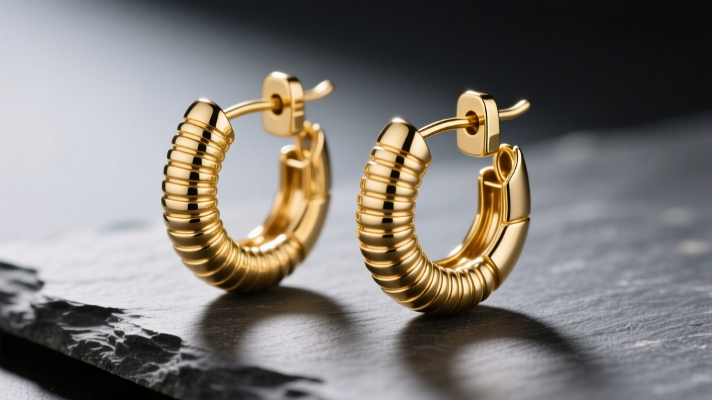 Macro of 14k gold shrimp hoop earrings on slate, showing ribbed tubular segments and a clicker hinge under soft studio lighting
