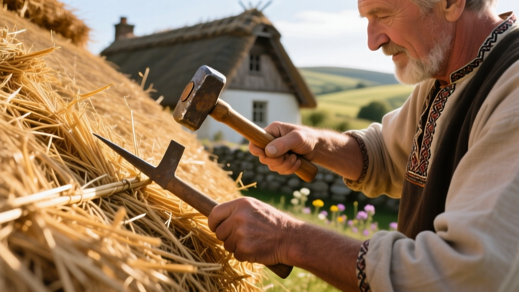 Close-up of a craftsman using a thatching spar and mallet to patch and repair golden straw roof material on a traditional cottage rooftop.