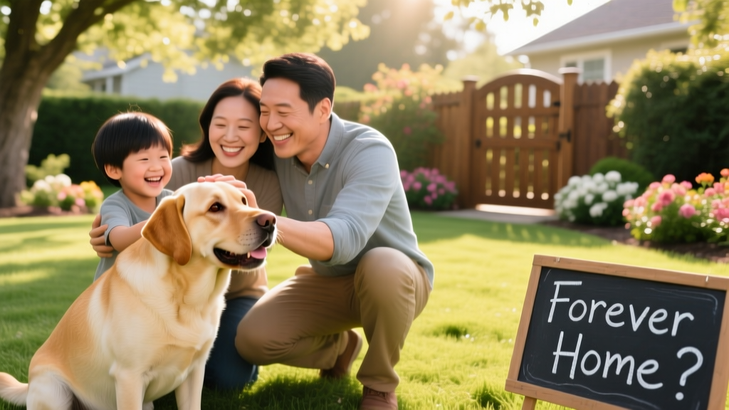 A happy Labrador Retriever playing gently with a smiling family in a sunlit backyard, symbolizing a successful, joyful rehoming match