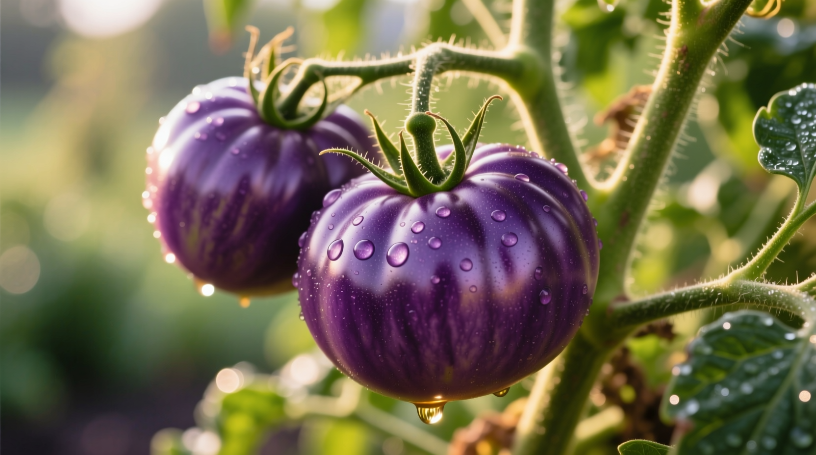 Ripe Cherokee Purple tomatoes on vine with distinctive purple hue