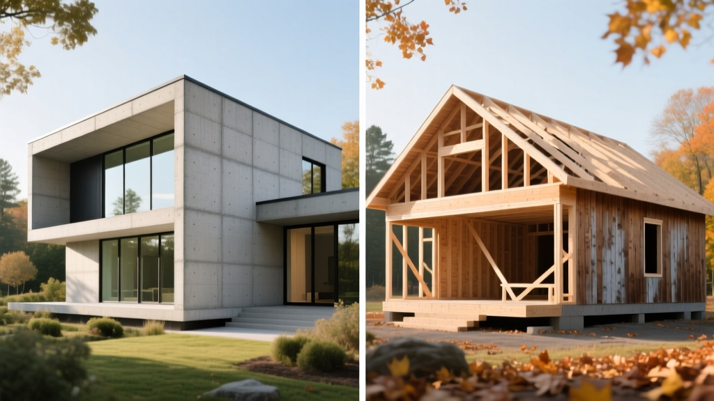 Split-screen architectural render showing a modern ICF concrete home exterior on the left and a traditional wood-framed house under construction on the right