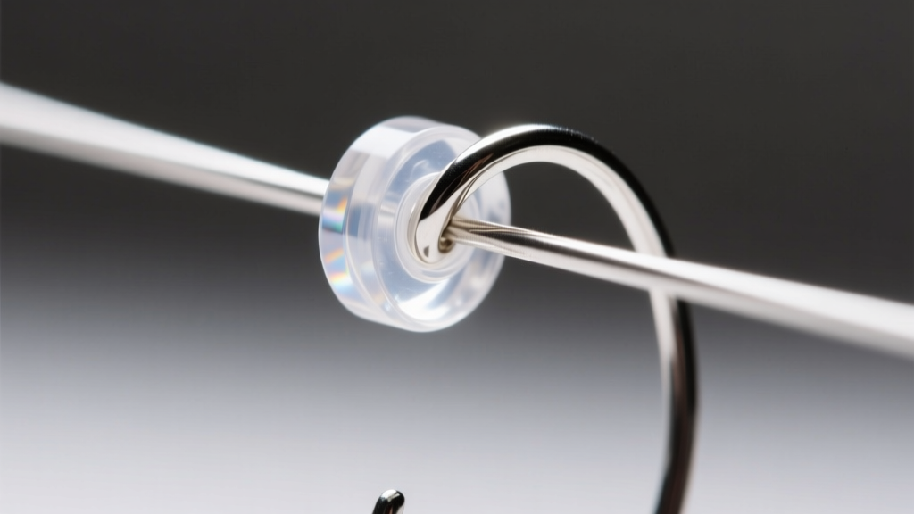 Macro photography of a clear silicone earring back being slid onto the wire of an S-hook earring to prevent loss, sharp focus