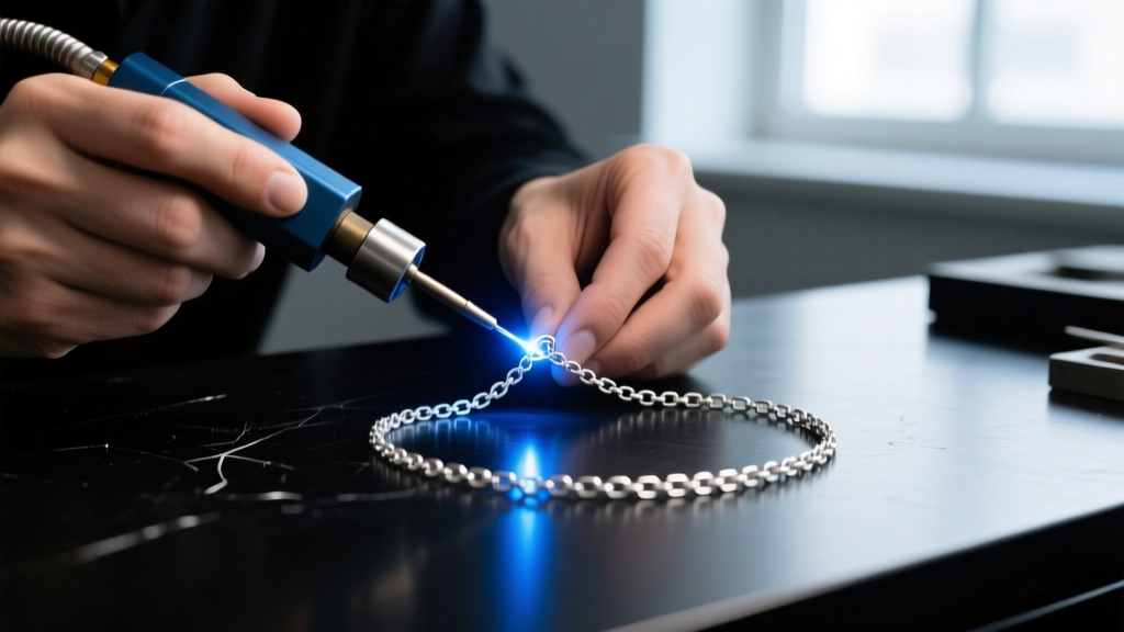 A jeweler using a laser welder to repair a kinked link on a delicate 1.0mm sterling silver box necklace chain on a dark workbench