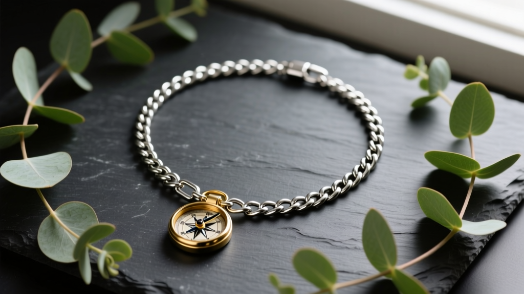 Flat lay of a 67cm PVD stainless steel figaro chain with a brass compass pendant on dark slate next to green eucalyptus leaves