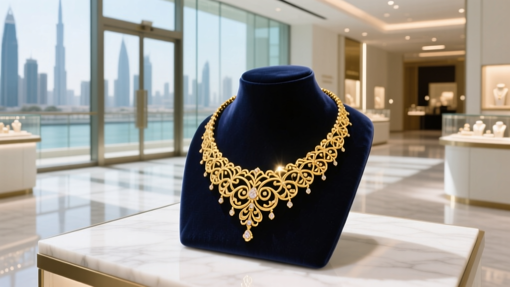 Elegant 22k gold bridal necklace displayed on dark velvet inside a brightly lit luxury Dubai mall jewelry franchise boutique