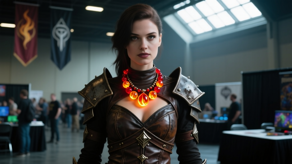 Cosplayer in leather armor wearing a layered TTRPG necklace with glowing resin fireball beads in a dimly lit convention hall.