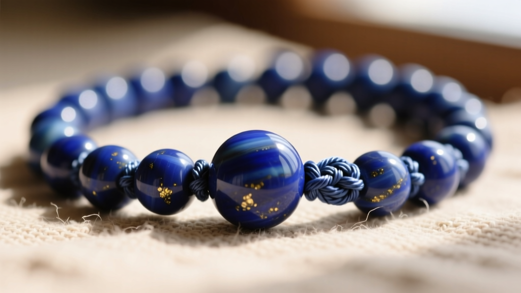 Macro shot showing intricate macrame silk knotting between smooth lapis lazuli beads and the larger guru bead on a mala necklace.