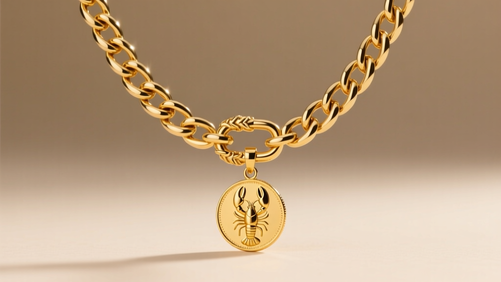 5mm solid 14k gold Cuban link chain with a heavy lobster clasp holding a gold coin pendant against a soft neutral studio backdrop