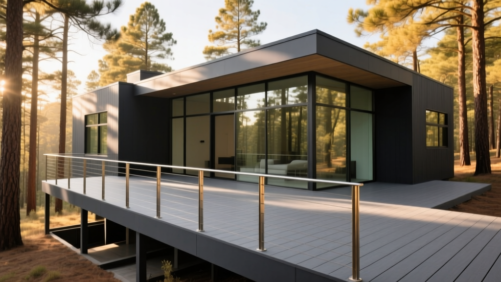 Modern home in a dry pine forest featuring a dark gray mineral-based composite deck with metal balusters and no under-deck storage