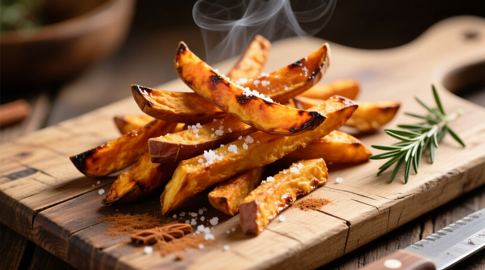 Homemade baked sweet potato fries on wooden board