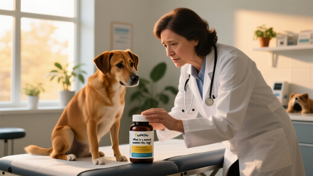 A veterinarian reviewing a FurPetVo calming supplement label with a concerned dog owner during a wellness checkup